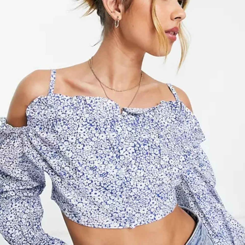 Influence off the shoulder crop top in ditsy blue floral.  NWOT.  Gorgeous.
